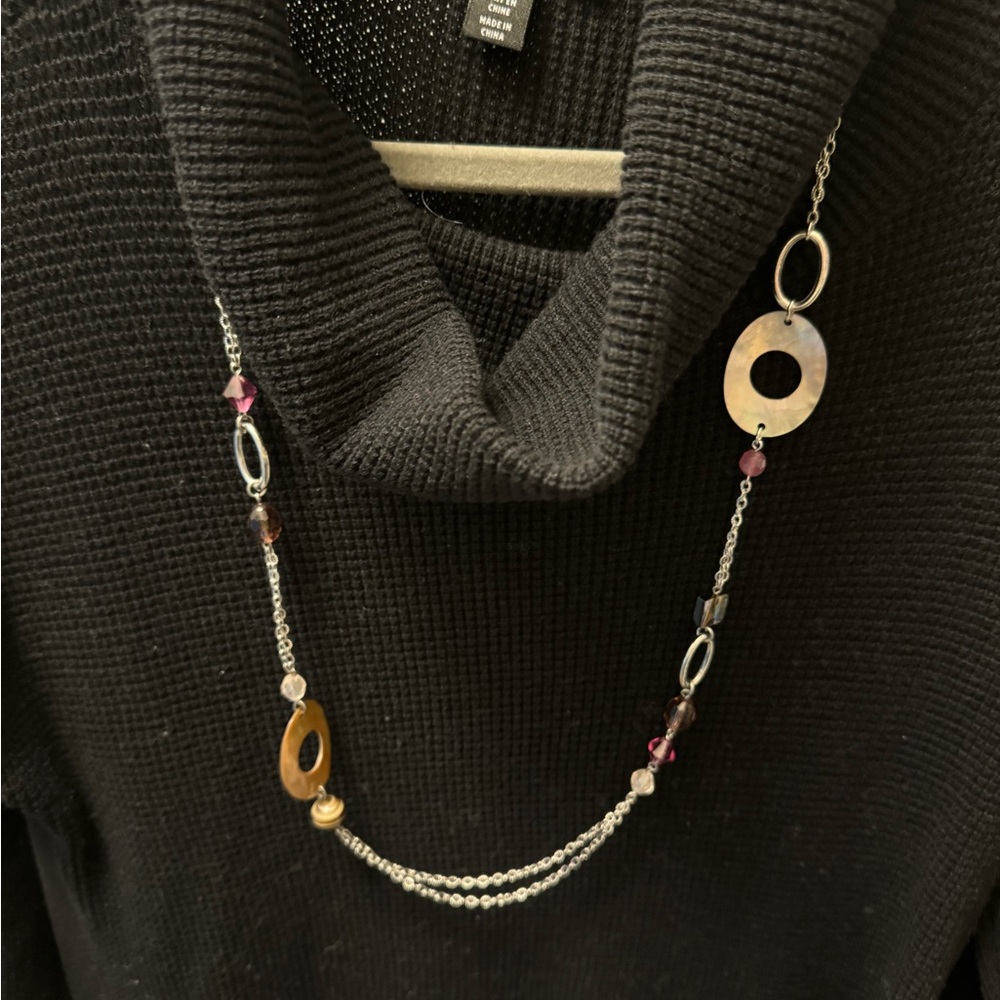 Long Silver Necklace with Pink Beads and Iridescent Shells